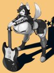  2020 5_fingers absurd_res anthro big_breasts black_and_white black_hair blush blush_stickers breasts bunybunyboi canid canine canis cleavage clothed clothing digital_media_(artwork) domestic_dog ear_piercing female fingers guitar hair hair_over_eye hi_res huge_breasts looking_at_viewer maggie_applebee mammal monochrome musical_instrument one_eye_obstructed open_mouth piercing plucked_string_instrument short_hair simple_background solo string_instrument 