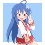  &gt;:) &gt;_&lt; 1girl :d absurdres bangs blue_background blue_hair blush closed_eyes double_v eyebrows_visible_through_hair facing_viewer hair_between_eyes hana_kazari hand_up highres izumi_konata long_hair long_sleeves lucky_star mole mole_under_eye neckerchief open_mouth outstretched_arm pink_neckwear pleated_skirt red_sailor_collar red_skirt ryouou_school_uniform sailor_collar school_uniform serafuku shirt skirt smile solo two-tone_background v very_long_hair white_background white_shirt xd 