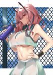  1girl absurdres armpits azur_lane bangs bare_shoulders bow breasts bremerton_(azur_lane) bremerton_(scorching-hot_training)_(azur_lane) chain-link_fence cloud commentary_request covered_nipples cowboy_shot crop_top fence from_side grey_hair hair_between_eyes hair_bow hair_ornament hairclip hand_on_hip heart heart_necklace highres large_breasts long_hair looking_at_viewer midriff multicolored_hair navel noazzark outdoors pink_eyes pink_hair shirt sleeveless sleeveless_shirt streaked_hair twintails two-tone_hair two-tone_shirt underboob wet wet_clothes x_hair_ornament 