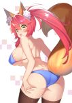  1girl animal_ear_fluff animal_ears ass bare_arms bare_shoulders bikini black_legwear blue_bikini blush breasts eyebrows_visible_through_hair fang fate/grand_order fate_(series) fox_ears fox_tail from_behind hair_between_eyes hand_on_ass highres large_breasts long_hair looking_at_viewer pink_hair smile solo swimsuit tail tamamo_(fate)_(all) tamamo_no_mae_(swimsuit_lancer)_(fate) thighhighs yellow_eyes yuruto 