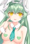  1girl animal_ears aqua_hair bangs bare_shoulders blush breasts bunny_ears dragon_horns eyebrows_visible_through_hair fake_animal_ears fate/grand_order fate_(series) green_hair heart_pasties horns kiyohime_(fate/grand_order) large_breasts long_hair looking_at_viewer morizono_shiki pasties simple_background smile solo white_background yellow_eyes 