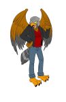  2016 3_toes 5_fingers avian barefoot beak bird bottomwear brown_body brown_feathers claws clothing crimestrikers denim_pants feathers fingers gesture grey_body grey_feathers jacket jeans jeff_&quot;top&quot;_ranking kestrel male pants pointing pointing_at_self shadowpantherkat shirt smile solo t-shirt talons toe_claws toes topwear wings yellow_eyes 