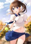  1girl :o blue_eyes blue_skirt boku_no_kanojo_sensei breasts brown_hair chain-link_fence cloud collared_shirt cowboy_shot fence fujiki_maka highres holding large_breasts long_hair looking_at_viewer midriff miniskirt navel open_mouth oryou outdoors pleated_skirt ponytail racket shirt short_sleeves skirt solo tennis_racket thighs white_shirt 