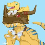  agumon blue_background blue_markings claws digimon digimon_(species) dinosaur evolutionary_family eyewear feral goggles green_eyes greymon happy male markings mask open_mouth orange_body red_eyes reptile scalie simple_background skull_mask teeth tongue velveetcaek 