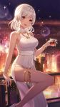  1girl anklet bare_arms bare_shoulders bracelet breasts city_lights cityscape cup dress drinking_glass earrings girl_cafe_gun highres holding holding_cup hoop_earrings jewelry large_breasts lida_romero looking_at_viewer medium_hair necklace night official_art open_mouth red_eyes ribbed_dress rooftop shibano_kaito side_slit silver_hair sleeveless sleeveless_dress smile solo sparkle thighs white_dress 