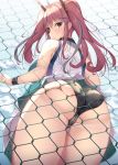  1girl against_fence ass ass_press azur_lane bangs bare_shoulders black_panties bow breasts bremerton_(azur_lane) bremerton_(scorching-hot_training)_(azur_lane) chain-link_fence cloud commentary_request cowboy_shot crop_top day fence from_behind from_below fukuda_shuushi grey_hair hair_between_eyes hair_bow hair_ornament hairclip heart heart_necklace highres large_breasts long_hair looking_at_viewer multicolored_hair open_mouth outdoors panties pink_eyes pink_hair shirt sleeveless sleeveless_shirt standing streaked_hair thighs twintails two-tone_hair two-tone_shirt underwear x_hair_ornament 