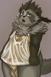  2016 absurd_res anthro balls belly blush canid canine clothing erection genitals hi_res humanoid_genitalia humanoid_hands humanoid_penis kemono male mammal matrix_of_wild moobs nipples penis raccoon_dog shirt simple_background slightly_chubby solo tanuki topwear wet 