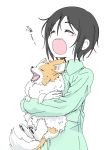  1girl absurdres animal black_hair chihuahua chikuwa_(yurucamp) closed_eyes commentary dog highres holding_dog limited_palette n2midori saitou_ena short_hair tears translated white_background yawning yurucamp 