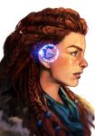  1girl aloy_(horizon) beads blue_eyes braid braided_bangs earpiece freckles glint hair_beads hair_ornament hair_slicked_back hairclip hankuri horizon_zero_dawn jewelry lips long_hair nose parted_lips pelt profile red_hair solo twin_braids 