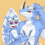  anthro blue_body chest_markings claws digimon digimon_(species) evolutionary_family exveemon feral gesture happy head_markings male markings open_mouth red_eyes reptile scalie spiked_tail spikes toe_claws v_sign veemon velveetcaek wings yellow_markings 