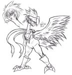  2020 2_toes avian beak claws clothing digimon digimon_(species) feathered_wings feathers feral hair hi_res long_neck male monochrome peckmon scar signature solo tail_feathers toe_claws toes twilightvolt wings 