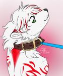  ambiguous_gender anthro canid canine collar eyelashes fox fur green_eyes hi_res highlights_(coloring) leash lifted_head looking_at_viewer mammal markings neck_tuft rilea solo spicy_koda tuft white_body white_fur 