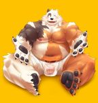  2020 anthro balls_outline black_body black_fur black_nose blush brown_body brown_fur bulge clothing fur genital_outline hi_res humanoid_hands kemono male mammal mti777 overweight overweight_male penis_outline simple_background sitting solo underwear ursid white_body white_fur yellow_background 
