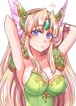  1girl armpits arms_behind_head arms_up blonde_hair blue_eyes breasts forehead_jewel helmet large_breasts long_hair looking_at_viewer low-tied_long_hair mabo-udon riesz seiken_densetsu seiken_densetsu_3 solo upper_body valkyrie winged_helmet 