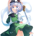  1girl arm_up ascot bangs black_hairband black_neckwear black_ribbon blue_eyes blunt_bangs collared_shirt from_below green_skirt green_vest hair_ribbon hairband highres hitodama holding holding_sword holding_weapon katana konpaku_youmu konpaku_youmu_(ghost) looking_at_viewer looking_down open_clothes open_vest paragasu_(parags112) parted_lips ribbon shirt short_hair short_sleeves silver_hair simple_background skirt solo sword thighs touhou v-shaped_eyebrows vest weapon white_background white_shirt 