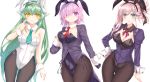  3girls alternate_costume animal_ears asymmetrical_hair bangs bare_shoulders black_gloves black_legwear blue_eyes blush breasts bunny_ears bunny_girl bunnysuit cleavage closed_mouth commentary_request dragon_horns eyebrows_visible_through_hair fake_animal_ears fate/grand_order fate_(series) gloves green_hair green_neckwear hair_ornament hair_over_one_eye highres horns kiyohime_(fate/grand_order) large_breasts long_hair looking_at_viewer mash_kyrielight medium_breasts miyamoto_musashi_(fate/grand_order) morizono_shiki multiple_girls necktie pantyhose pink_hair ponytail purple_eyes short_hair simple_background smile solo very_long_hair white_background white_horns yellow_eyes 