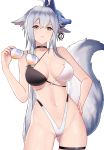  1girl absurdres animal_ears ass_visible_through_thighs azur_lane bangs bare_shoulders bikini black_bikini black_choker breasts choker cleavage commentary_request eyebrows_visible_through_hair fox_ears fox_mask fox_tail hair_between_eyes halterneck highleg highres large_breasts liangfen232 long_hair looking_at_viewer mask mask_on_head navel simple_background solo swimsuit tail thigh_strap tosa_(azur_lane) two-tone_bikini white_background white_bikini 