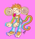  2020 anthro ape barefoot big_ears clothed clothing ear_piercing haplorhine hi_res humanoid kammydaydream male mammal monkey overalls piercing primate smile solo tongue tongue_out 