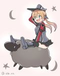  1girl 1other :d ahenn animal aqua_eyes black_legwear black_skirt blonde_hair blush crescent_moon eyebrows_visible_through_hair hair_between_eyes hat kantai_collection long_hair long_sleeves low_twintails military military_uniform moon open_mouth panties peaked_cap pleated_skirt prinz_eugen_(kantai_collection) sheep skirt smile star thighhighs twintails twitter_username underwear uniform white_panties 