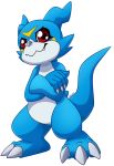  3_toes 5_fingers alpha_channel ambiguous_gender anthro blue_body claws crossed_arms digimon digimon_(species) fingers head_markings hi_res markings red_eyes reptile scalie simple_background smile solo spikes teeth toe_claws toes transparent_background uluri veemon white_body white_claws yellow_markings 