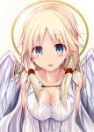  1girl angel angel_wings bare_shoulders blonde_hair blue_eyes blush breasts cleavage collarbone commentary_request dress eyebrows_visible_through_hair hair_between_eyes hair_over_shoulder hair_ribbon halo highres long_hair looking_at_viewer medium_breasts open_mouth original ribbon sen_(astronomy) simple_background sleeveless sleeveless_dress solo tress_ribbon white_background white_dress wings 