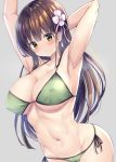  1girl arm_behind_head arm_up armpits bangs bikini breasts brown_hair cameltoe cleavage closed_mouth collarbone commentary_request covered_nipples eyebrows_visible_through_hair flower gochuumon_wa_usagi_desu_ka? green_bikini green_eyes grey_background hair_flower hair_ornament highres hime_cut kurou_(quadruple_zero) large_breasts long_hair looking_at_viewer navel side-tie_bikini simple_background smile solo swimsuit ujimatsu_chiya wet 