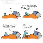  ? bed blue_body blue_fox_(foxes_in_love) blue_fur canid canine comic couple_(disambiguation) dialogue duo english_text feral food fox foxes_in_love fur furniture green_body green_fox_(foxes_in_love) green_fur hi_res humor mammal on_bed pillow sandwich_(food) simple_background sleeping sound_effects text under_covers url white_background zzz 