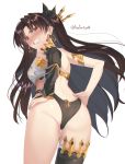  1girl angry armlet asymmetrical_legwear black_panties blush crown detached_sleeves earrings elbow_gloves fate/grand_order fate_(series) gloves highres hoop_earrings ishtar_(fate)_(all) ishtar_(fate/grand_order) jewelry kabocha_(monkey4) neck_ring panties red_eyes single_detached_sleeve single_elbow_glove single_sleeve single_thighhigh solo thighhighs underwear 