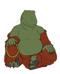  3_toes 5_fingers anthro belly biped black_claws buddhism claws clothed clothing devil_horns_(gesture) digital_drawing_(artwork) digital_media_(artwork) dinosaur dromaeosaurid fingers gesture green_body green_skin hand_on_knee hi_res male monk moobs overweight overweight_male prayer_beads raptor_claws religion religious_clothing reptile robe scalie sharp_claws simple_background sitting solo theropod toe_claws toes unknown_artist white_background yellow_eyes 