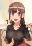  1boy 1girl ? bangs black_shirt blurry breasts brown_hair collarbone covered_nipples depth_of_field erere eyebrows_visible_through_hair hands_up hetero idolmaster idolmaster_shiny_colors imminent_breast_grab jacket large_breasts long_hair looking_at_viewer off_shoulder open_clothes open_jacket pov red_eyes red_jacket shirt sidelocks solo_focus sonoda_chiyoko speech_bubble spoken_question_mark straight_hair sweat upper_body 