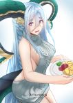  1girl absurdres arturaxia backless_dress backless_outfit blue_hair breasts dragon_horns dragon_tail dress eyebrows_visible_through_hair fate/grand_order fate_(series) food grey_sweater hair_between_eyes highres holding holding_plate horns large_breasts long_hair long_horns looking_at_viewer meme_attire naked_sweater open_mouth plate pointy_ears purple_eyes ribbed_sweater sideboob solo sweater sweater_dress symbol-shaped_pupils tail tiamat_(fate/grand_order) turtleneck turtleneck_sweater very_long_hair virgin_killer_sweater wavy_mouth x_x 