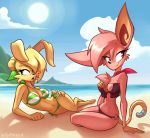  anthro beach beachside bikini breasts cleavage clothed clothing duo female hi_res katie_(jamoart) lagomorph leporid mammal mathilda_(jamoart) mouse murid murine navel pose rabbit rodent seaside sun sunbathing swimwear tagme waterside wigmania 