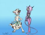  anthro blue_eyes clothing colored david_lillie domestic_cat dreamkeepers duo felid feline felis female fur gecko green_eyes hair lizard mace_(dreamkeepers) male male/female mammal namah_calah one-piece_swimsuit pink_hair purple_body reptile scalie shy signature simple_background sketch spade_tail swimming_trunks swimwear white_body white_fur 