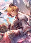  1girl :d animal_ears azalea4 bangs blonde_hair blue_sky blunt_bangs blush cherry_blossoms cloud commentary_request day detached_sleeves dog dog_ears dog_tail eyebrows_visible_through_hair fur_trim granblue_fantasy hand_up hat highres looking_at_viewer nail_polish open_mouth oriental_umbrella outdoors red_nails short_hair sitting sky smile solo tail twitter_username umbrella vajra_(granblue_fantasy) yellow_eyes 