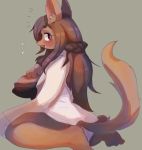 2019 anthro black_clothing bodily_fluids breasts brown_hair butt canid canine clothing female flyer_(pixiv) flying_sweatdrops fur grey_background hair hand_on_breast hi_res looking_at_viewer mammal simple_background solo sweat sweatdrop white_clothing 