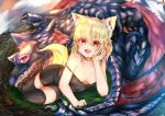  1girl :d absurdres animal_ears arm_support bike_shorts blonde_hair breasts camisole dragon facepaint fang fox_ears fox_girl fox_tail full_body highres huge_filesize medium_hair mister_eru open_mouth orange_eyes original small_breasts smile strap_slip tail thighhighs 