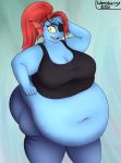  anthro belly belly_overhang big_belly blue_body bodily_fluids bottomwear breasts cleavage clothed clothing crop_top eye_patch eyewear female fin fish hair hi_res marine midriff navel obese obese_female overweight overweight_female pants ponytail red_hair sharp_teeth shirt solo sweat teeth topwear undertale undyne video_games wenisberry 