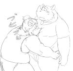  2013 anthro blush bottomwear clothing duo hug humanoid_hands japanese_text kemono male mammal overweight overweight_male pants rhinocerotoid shirt simple_background suid suina sus_(pig) text topwear train_(artist) white_background wild_boar 