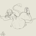  1:1 anklet anthro belly big_belly big_butt body_outline bottomless branch breasts butt byser clothed clothing felid feline female female_pred hi_res jewelry licking licking_lips lion mammal monochrome oral_vore pantherine sketch thick_thighs tongue tongue_out tree tribal_clothing vore 