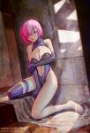  breasts eyebrows_visible_through_hair fate/grand_order fate_(series) hair_over_one_eye interior large_breasts light_particles light_rays lights mash_kyrielight navel purple_eyes purple_hair solo yugen99 