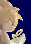  2018 anthro blue_background bodily_fluids clothing digital_media_(artwork) eulipotyphlan frown fur gloves gold_ring half-closed_eyes handwear hedgehog hi_res holding_object looking_down male mammal mhhm48759902 narrowed_eyes red_eyes simple_background solo sonic_the_hedgehog sonic_the_hedgehog_(series) super_sonic tears yellow_body yellow_fur 