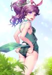  1girl adjusting_clothes adjusting_swimsuit animal_ears ass blue_swimsuit blush breasts bunny_ears bunny_girl bunny_tail fir_(fire_emblem) fire_emblem fire_emblem_heroes from_behind harihisa highres legs_together long_hair looking_at_viewer looking_back one-piece_swimsuit open_mouth outdoors purple_eyes purple_hair shiny shiny_hair shiny_skin solo standing swimsuit tail 