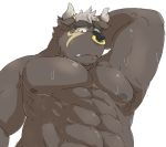  2018 abs anthro asterios barazoku bodily_fluids bovid bovine brown_body brown_fur cattle facial_piercing fur horn kemono male mammal muscular nose_piercing pecs piercing septum_piercing simple_background solo sweat tokyo_afterschool_summoners train_(artist) video_games white_background 