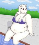  anthro belly big_belly bovid caprine clothing female goat hi_res looking_away mammal navel outside overweight overweight_female partially_submerged poolside sitting sky solo swimming_pool swimwear toriel undertale video_games water wenisberry 