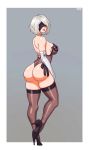  1girl absurdres ass black_blindfold black_footwear black_leotard blindfold breasts elbow_gloves gloves high_heels highres large_breasts leotard lips nier_(series) nier_automata parted_lips rizdraws short_hair thighhighs white_gloves white_hair yorha_no._2_type_b 