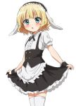  1girl animal_ears apron bangs black_hairband black_skirt blonde_hair blush bunny_ears center_frills collared_shirt eyebrows_visible_through_hair fake_animal_ears fleur_de_lapin_uniform floppy_ears frilled_apron frilled_hairband frilled_skirt frills gochuumon_wa_usagi_desu_ka? green_eyes hairband highres kirima_sharo looking_at_viewer parted_lips pleated_skirt puffy_short_sleeves puffy_sleeves shirt short_sleeves simple_background skirt skirt_hold solo thighhighs trg-_(sain) uniform waist_apron waitress white_apron white_background white_legwear white_shirt wrist_cuffs 