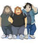  2018 anthro belly bottomwear clothing eyewear felid glasses group humanoid_hands kemono lion male mammal overweight overweight_male pantherine pants shirt simple_background topwear train_(artist) white_background 