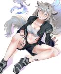  1girl absurdres animal_ears arknights bandeau bangs bare_legs black_footwear black_jacket black_shorts breasts chinese_commentary cleavage collarbone commentary_request fangs grey_eyes hair_between_eyes hair_ornament hairclip highres jacket lappland_(arknights) long_hair long_sleeves looking_at_viewer medium_breasts midriff navel open_clothes open_jacket ore_lesion_(arknights) parted_lips scar scar_across_eye shoes short_shorts shorts silver_hair simple_background solo stomach strapless tail thighs tubetop white_background wolf_ears wolf_tail wtm-sb 