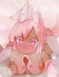  1boy 1girl animal_ear_fluff animal_ears areolae blush breasts breath bright_pupils closed_mouth colored_eyelashes dark_skin dark_skinned_male decensored done_(donezumi) erection eyebrows_visible_through_hair eyelashes fox_ears fox_girl fox_tail hetero large_tail long_hair looking_at_viewer medium_breasts monster_girl nipples nude original paizuri penis pink_eyes pink_hair pov solo_focus sound_effects sweat tail tail_raised tareme third-party_edit uncensored 
