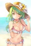  1girl absurdres bikini blush bow breasts cleavage earrings flower green_hair hat hat_flower hat_ribbon highres jewelry momoko_(momopoco) navel necklace original ribbon shell solo star star_earrings straw_hat swimsuit white_bikini yellow_eyes yukari_(momoko) 